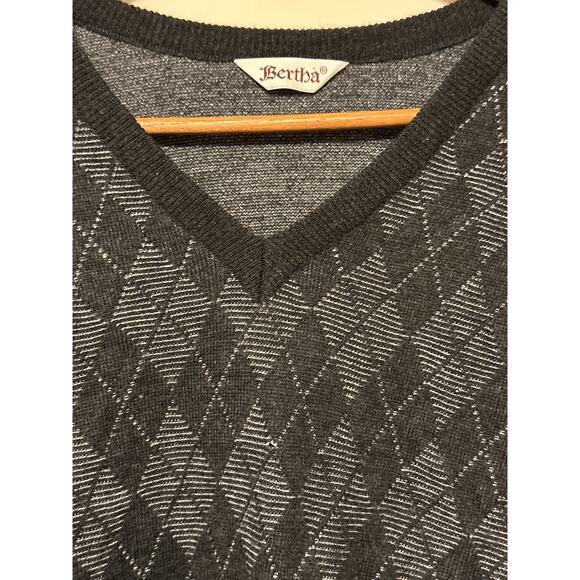 BERTHA made in Italy Merinos Fine Wool Argyle Sweater 58 XXL Black and Grey - Picture 5 of 13